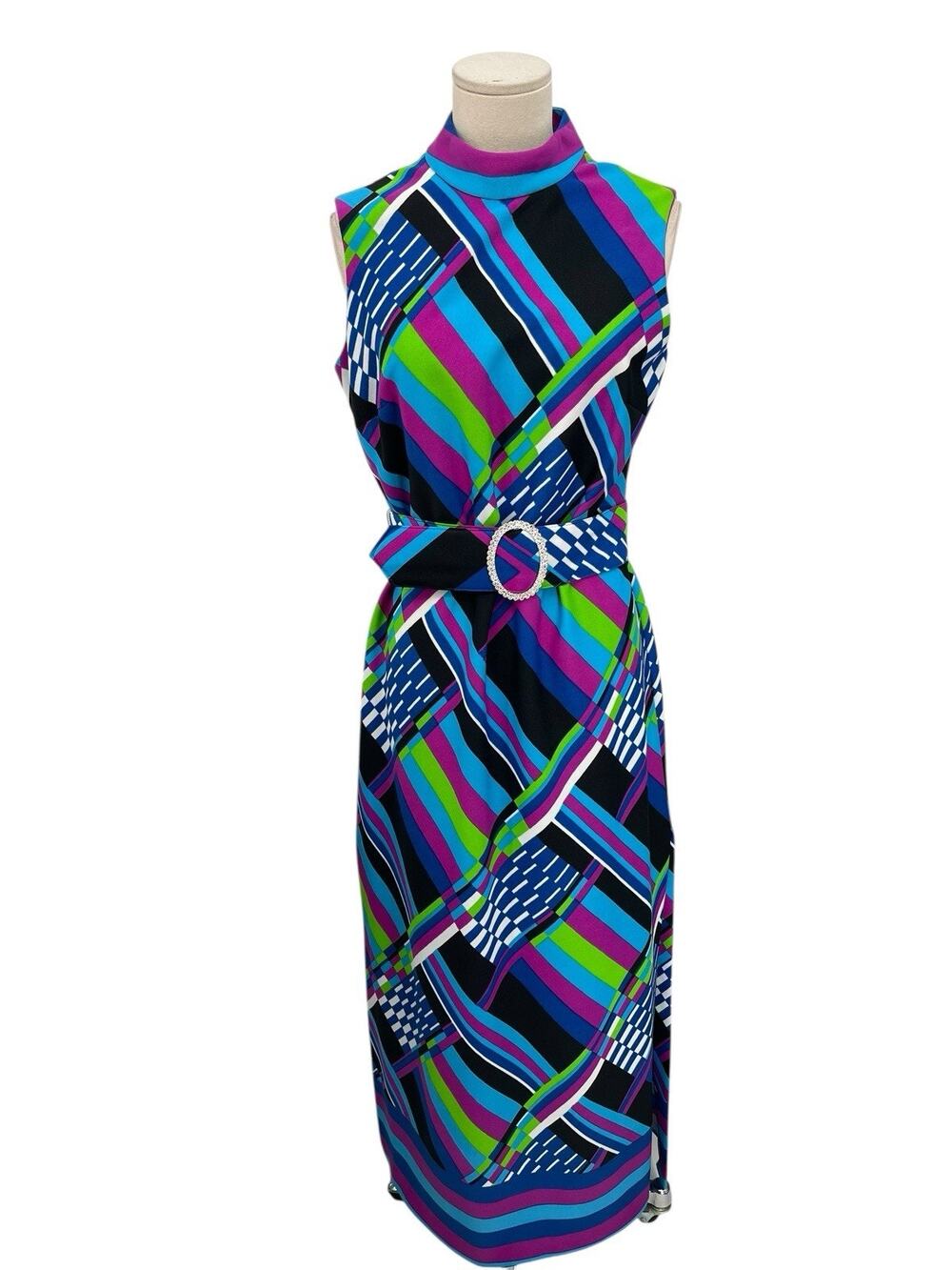 Vintage Geometric Print Dress Full Length Maxi Belted Size 12